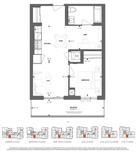 Floor plan for 1 bed, 1 bath, 591 sqft